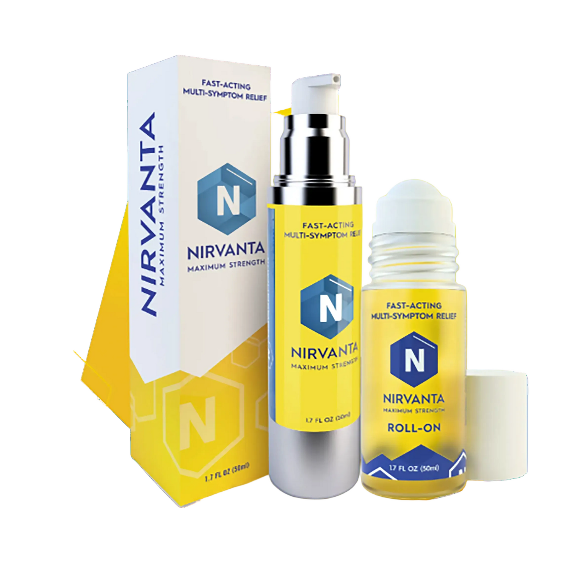 Nirvanta skincare products including a box, serum, and roll-on on a white background